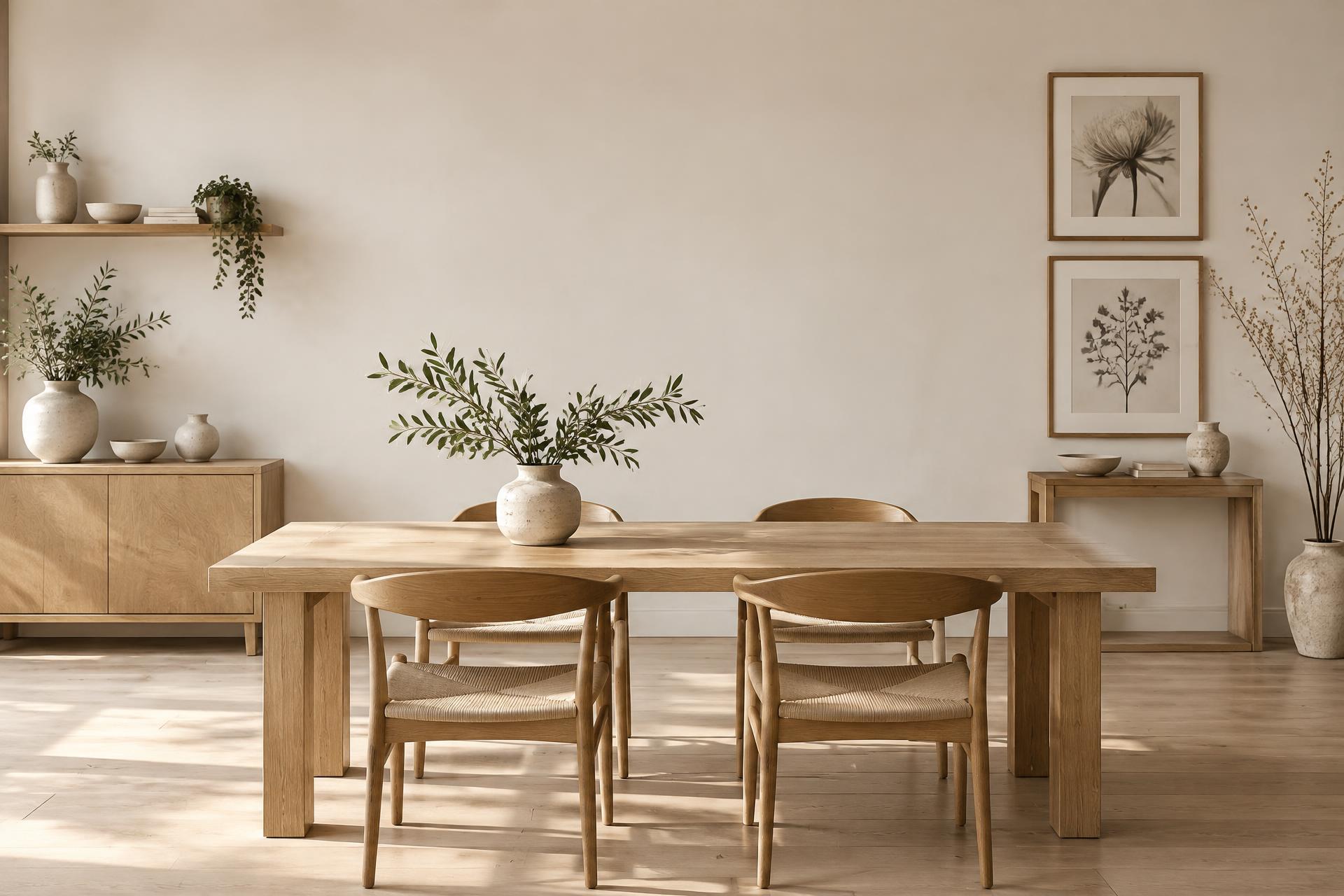 Comedor luminoso con mesa y sillas de roble, cerámicas y detalles naturales